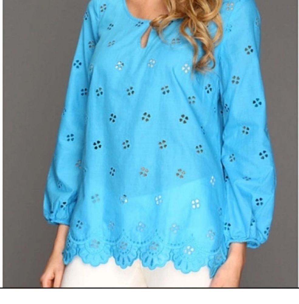 Lilly Pulitzer Blue Telyn Eyelet Lace Long Sleeve  Blouse Top Size Small Cotton